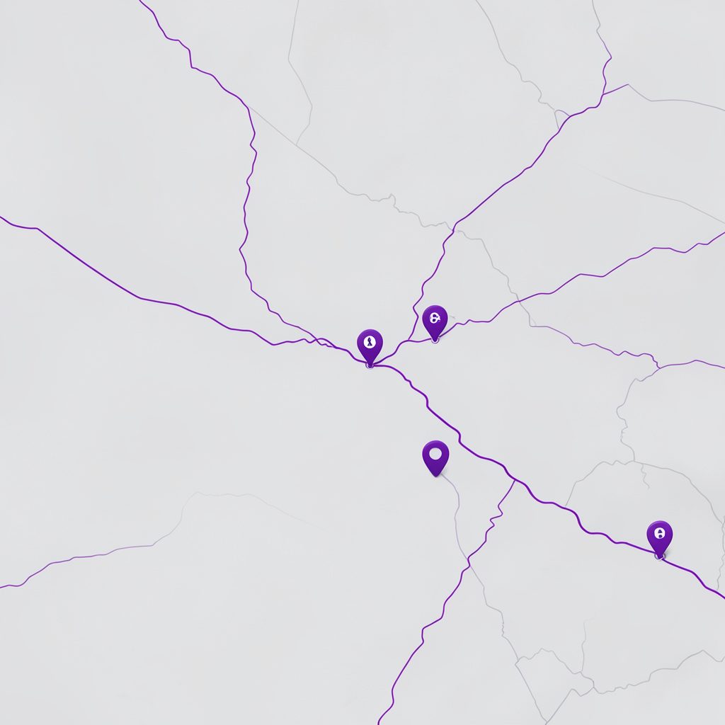 Светло-серый фон с абстрактной картой маршрута и точками GPS-меток в фиолетовых тонах